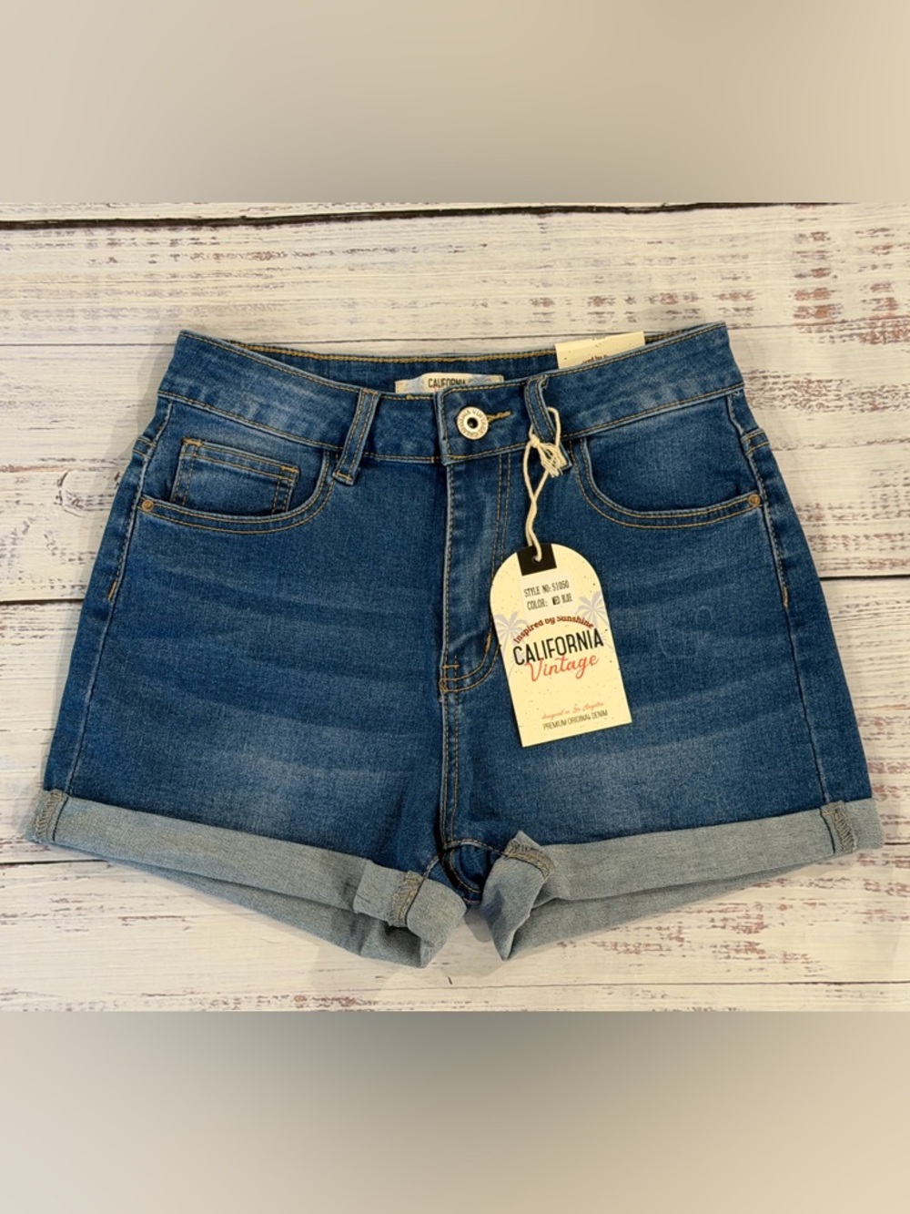 California Vintage Womens Juniors Sz 5 Medium Blue Jean Distressed Cuffed Shorts